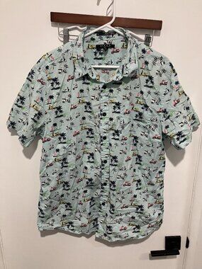 21 Men Tropical Hawaiian Shirt XL Light Blue Palm Tree Scooter Short Sleeve